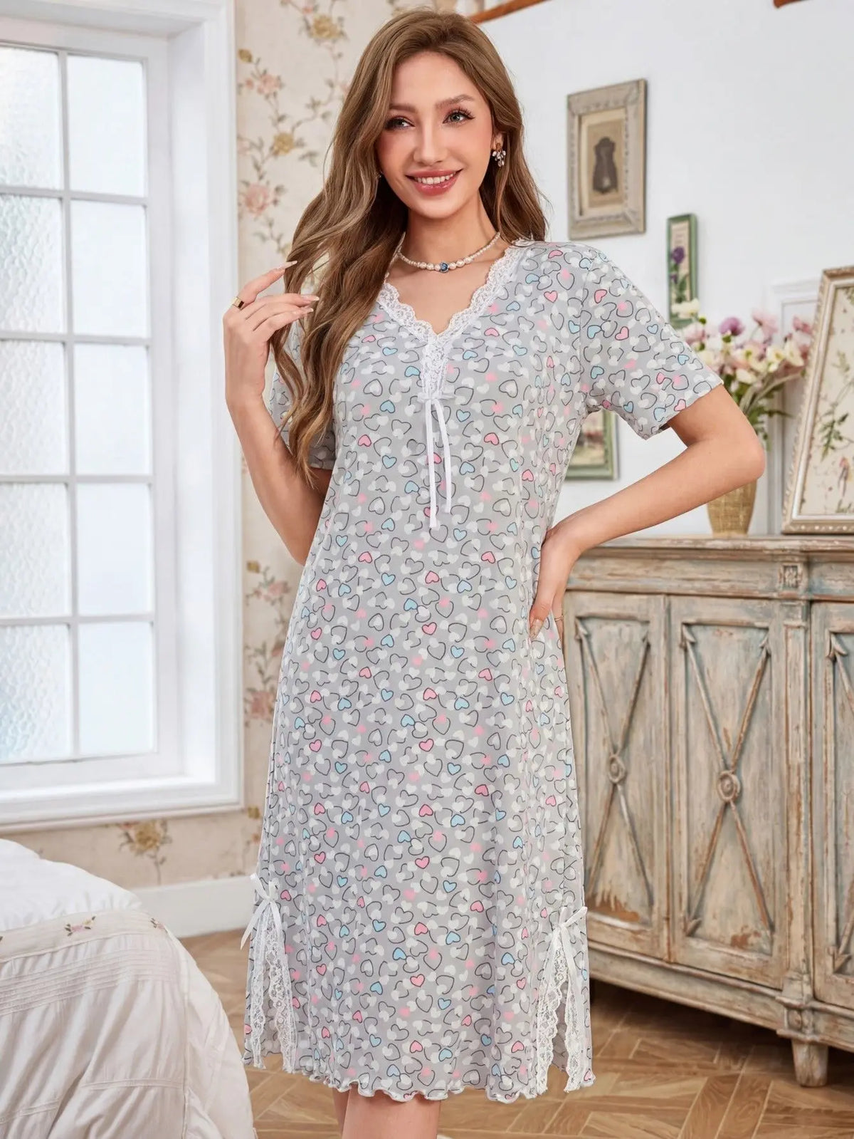 Summer Thin Nightgown Women's Loose Short-Sleeved V-Neck Dress Plus Size Home Wear Breathable and Comfortable Can Be Worn Outsid