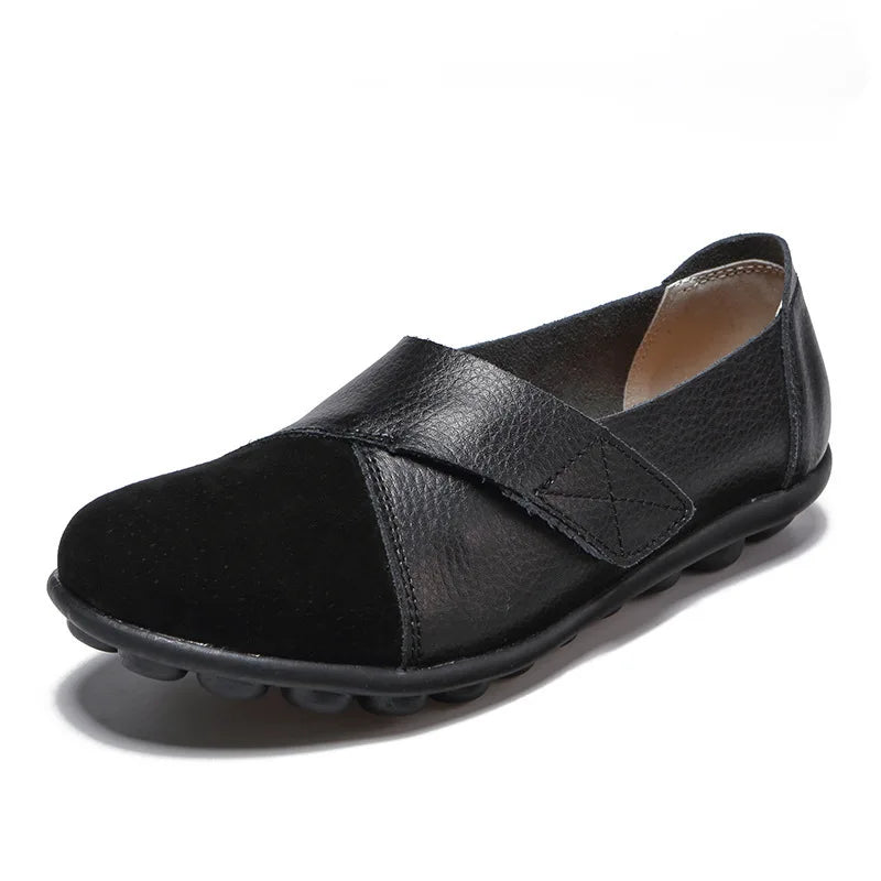 WOIZGIC Women's Female Mother Woman Genuine Leather Soft Shoes Flats Loafers Mocassin Boat Hook Loop De Mujer Big Size 42 43 44