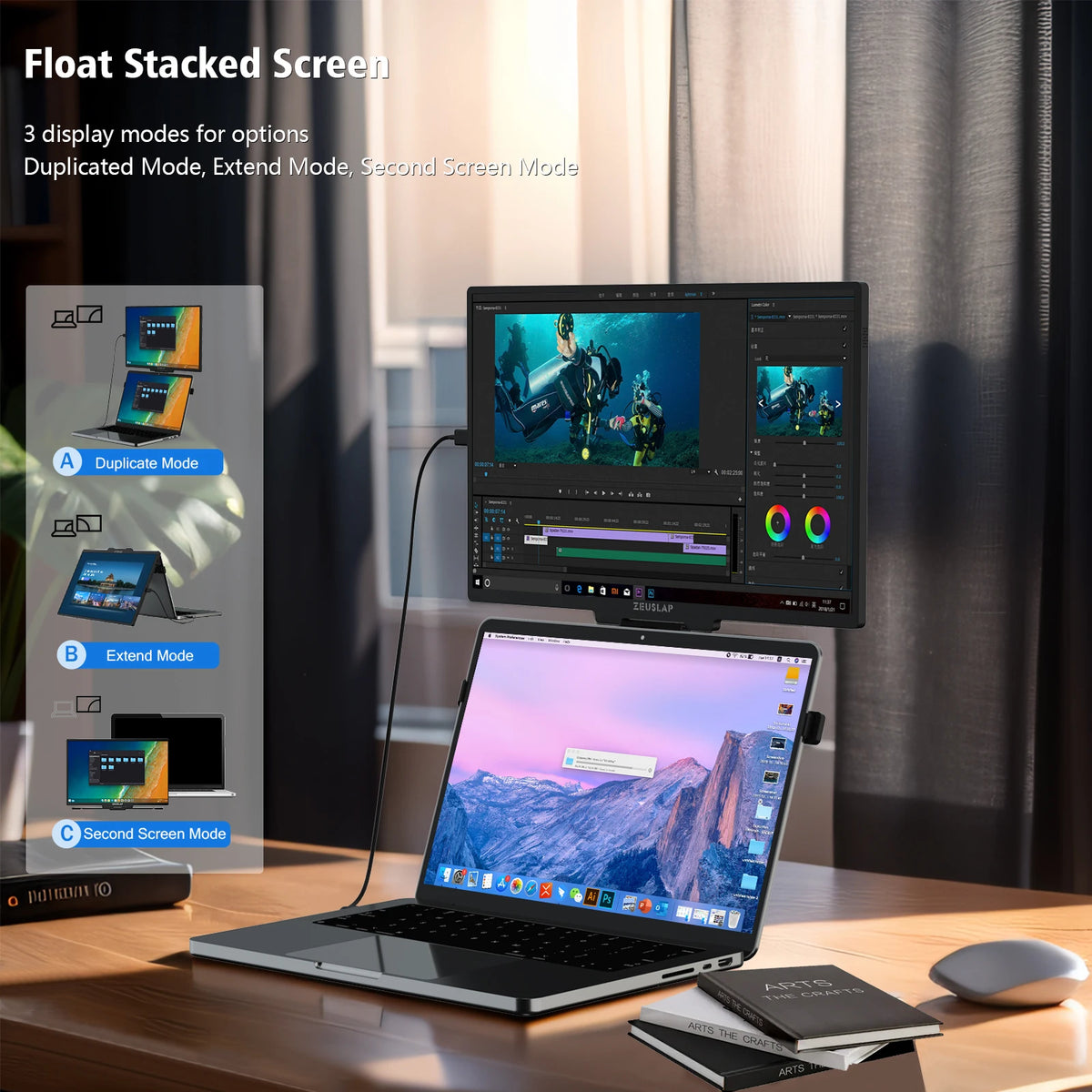 ZEUSLAP 16" Floatable Stacked Portable Monitor QHD 2560*1600P 400Nits 16:10 IPS Panel for Laptop Notebook Second Screen Display