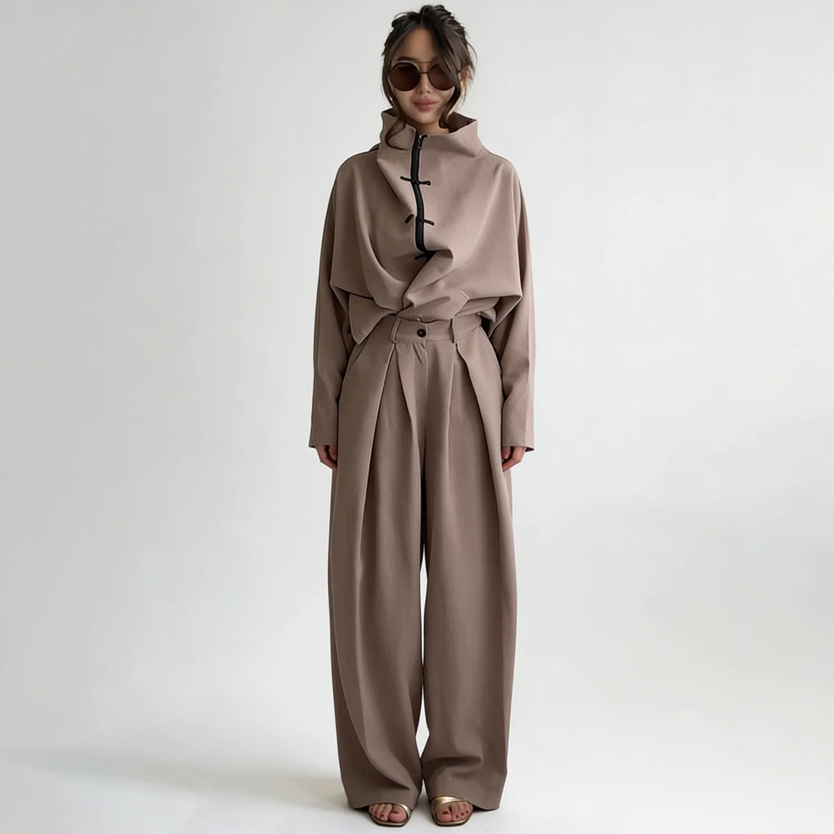 LIMO 2026 Woman Elegant Chinese Knot Two-Piece Set: High-Neck Zip Top & Wide-Leg Pants, Loose Fit for Commuting & Casual Outings