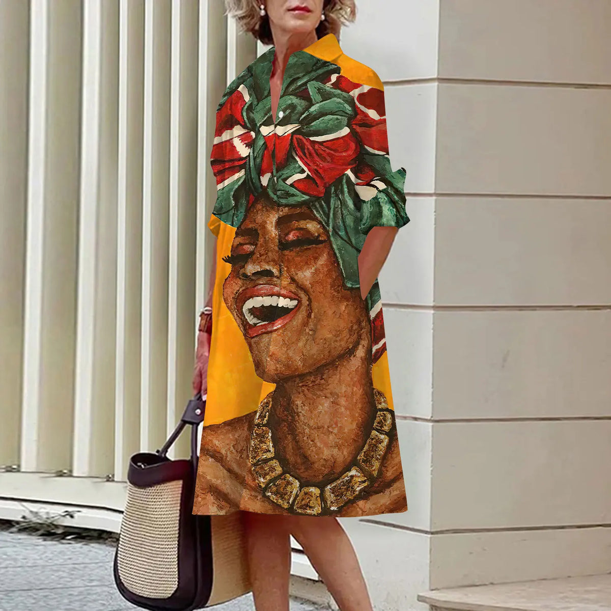 Summer New Women's Dresses Fashion Character Art Pattern Loose Large Size Casual Temperament Commuter Irregular Long Skirt Tops