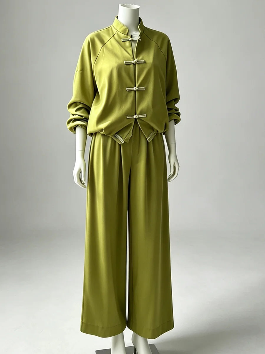 LIMO 2026 Woman Elegant Chinese Knot Two-Piece Set: High-Neck Zip Top & Wide-Leg Pants, Loose Fit for Commuting & Casual Outings