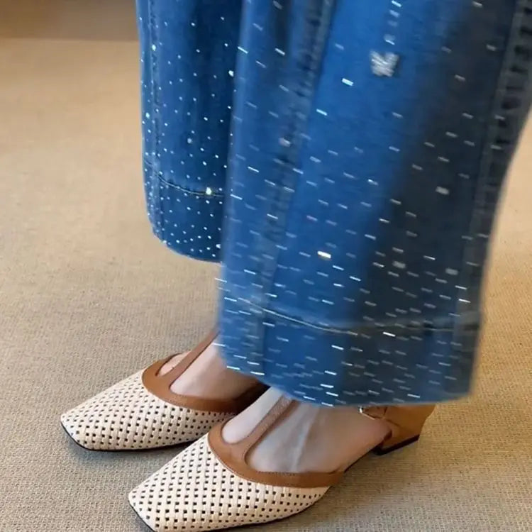 Women Mid Heels Slippers Fashion Square Toe Mules Shoes Heeled Sandals  Slingback Flip Flops New Pumps Dress Mujer Zapatos