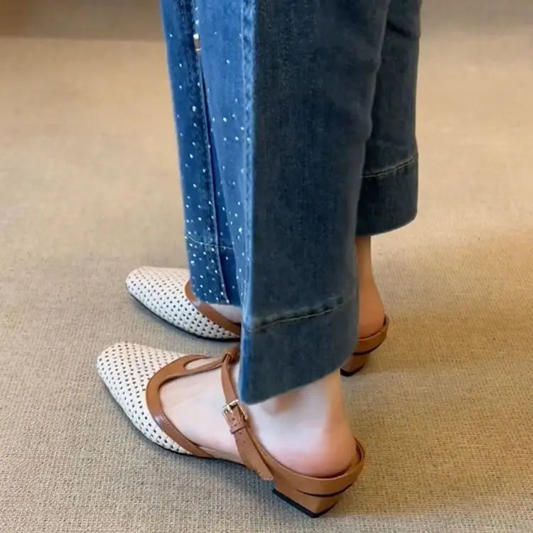 Women Mid Heels Slippers Fashion Square Toe Mules Shoes Heeled Sandals  Slingback Flip Flops New Pumps Dress Mujer Zapatos