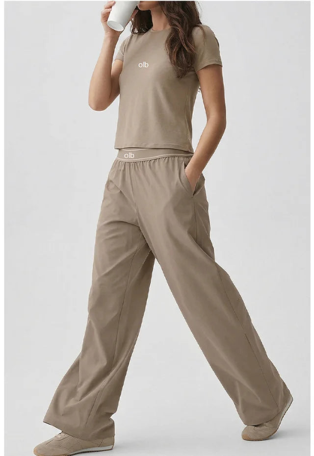Naked yoga set, quick drying fitness pants, straight leg sports pants set, women's yoga suit, round neck short sleeved