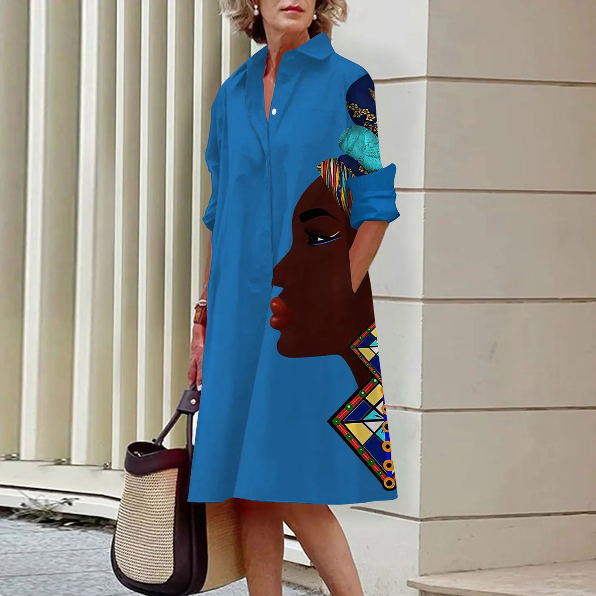 Summer New Women's Dresses Fashion Character Art Pattern Loose Large Size Casual Temperament Commuter Irregular Long Skirt Tops