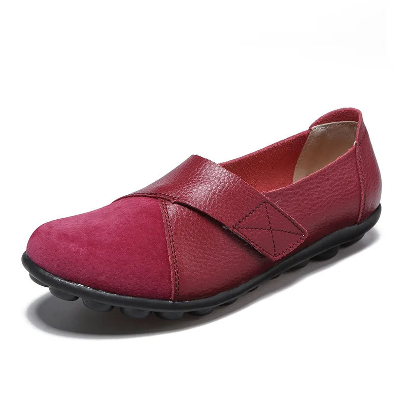 WOIZGIC Women's Female Mother Woman Genuine Leather Soft Shoes Flats Loafers Mocassin Boat Hook Loop De Mujer Big Size 42 43 44