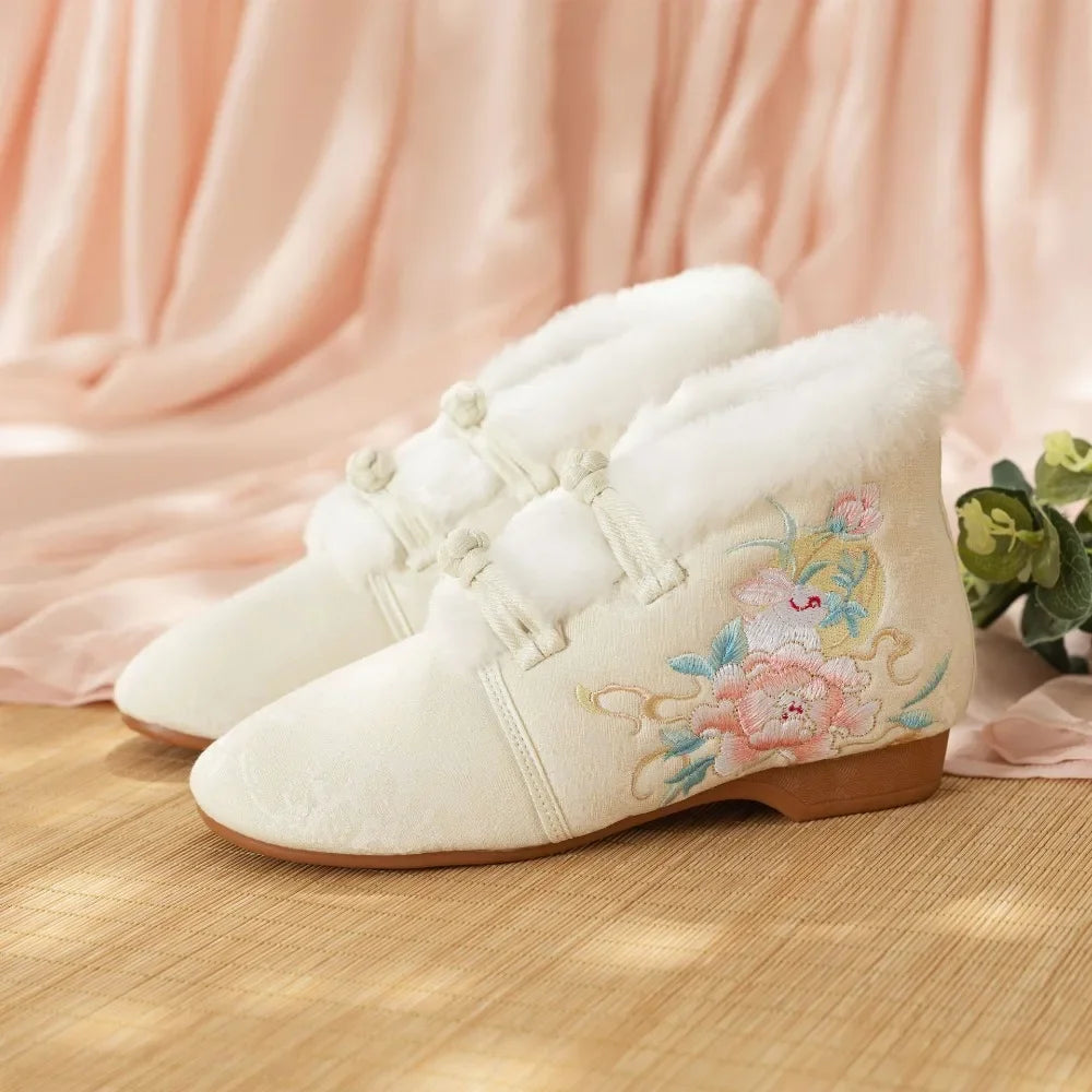 Casual Botas Mujer Embroidered Ethnic Hanfu Shoes Women Botines Ankle Boots Winter Warm Faux Fur Fairy Shoe Woman Zapatos Ladies