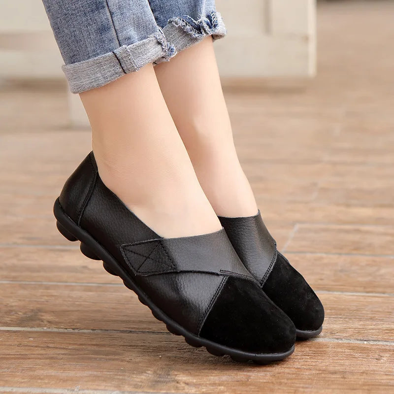 WOIZGIC Women's Female Mother Woman Genuine Leather Soft Shoes Flats Loafers Mocassin Boat Hook Loop De Mujer Big Size 42 43 44