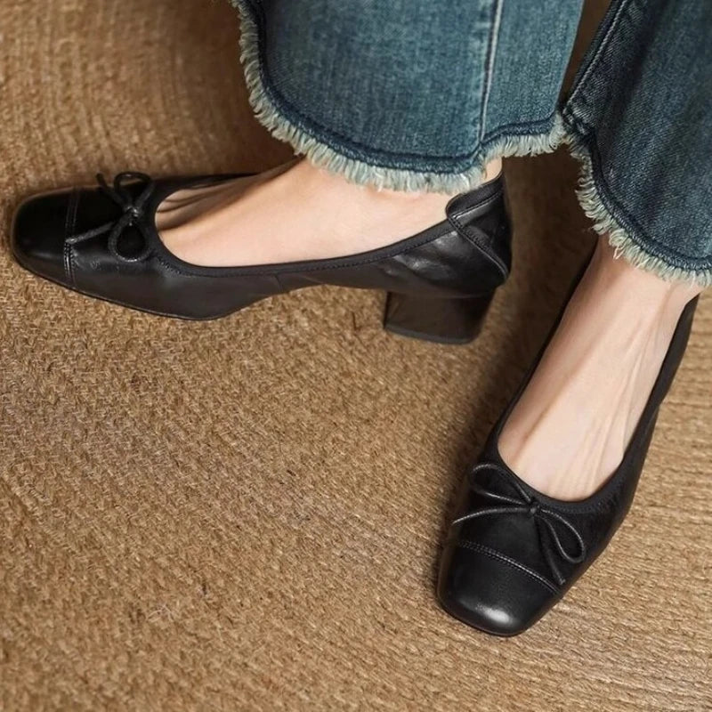 Fashionable French-style retro bow soft leather high-heeled shoes for women Spring 2026 squaretoe chunky heel sandals Size 35-42