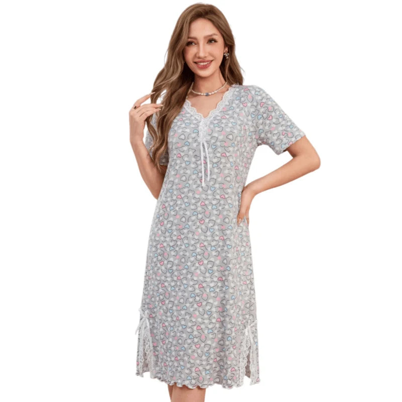 Summer Thin Nightgown Women's Loose Short-Sleeved V-Neck Dress Plus Size Home Wear Breathable and Comfortable Can Be Worn Outsid