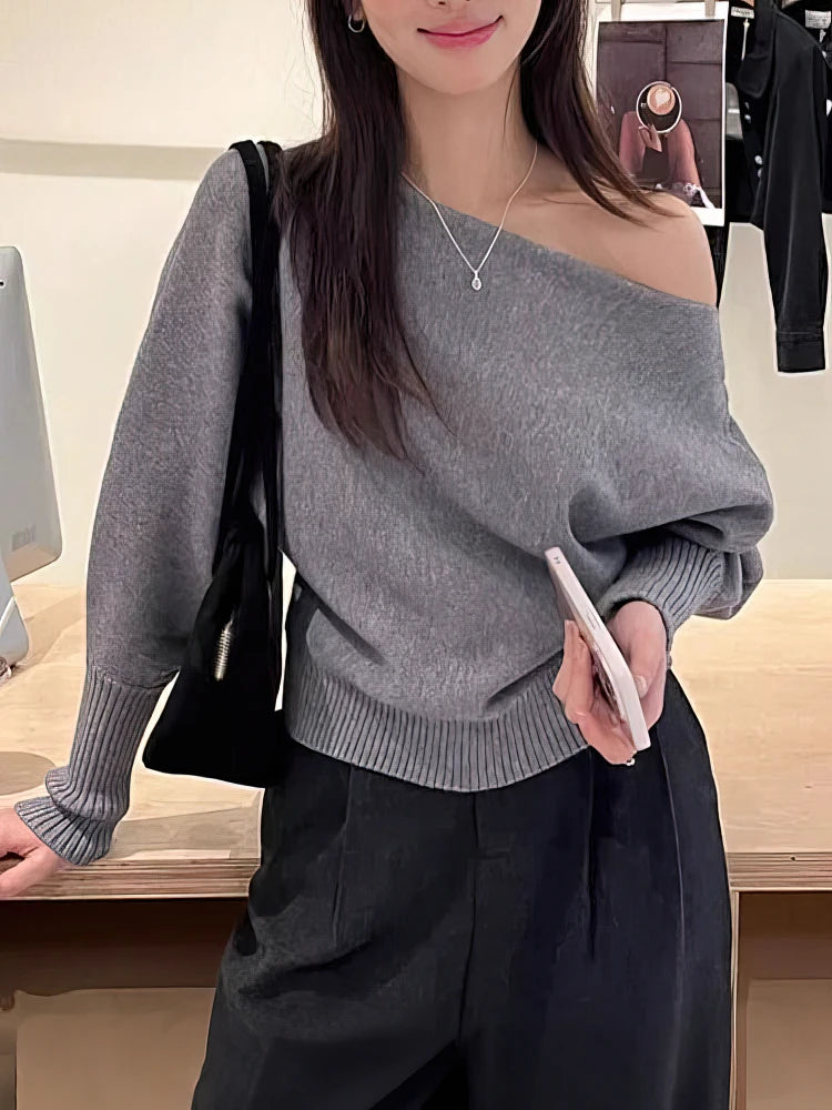 Batwing Long sleeve Knitted Pullover Women 300g Thick Off shoulder Top Korean Fashion Sweater Loose Casual Autumn Outwear Pull