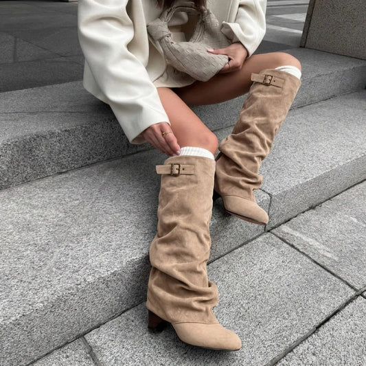 Women's Slouchy Knee High shark Boots fashion wedges high heels buckle round toe casual party pleated fall winter boots woman
